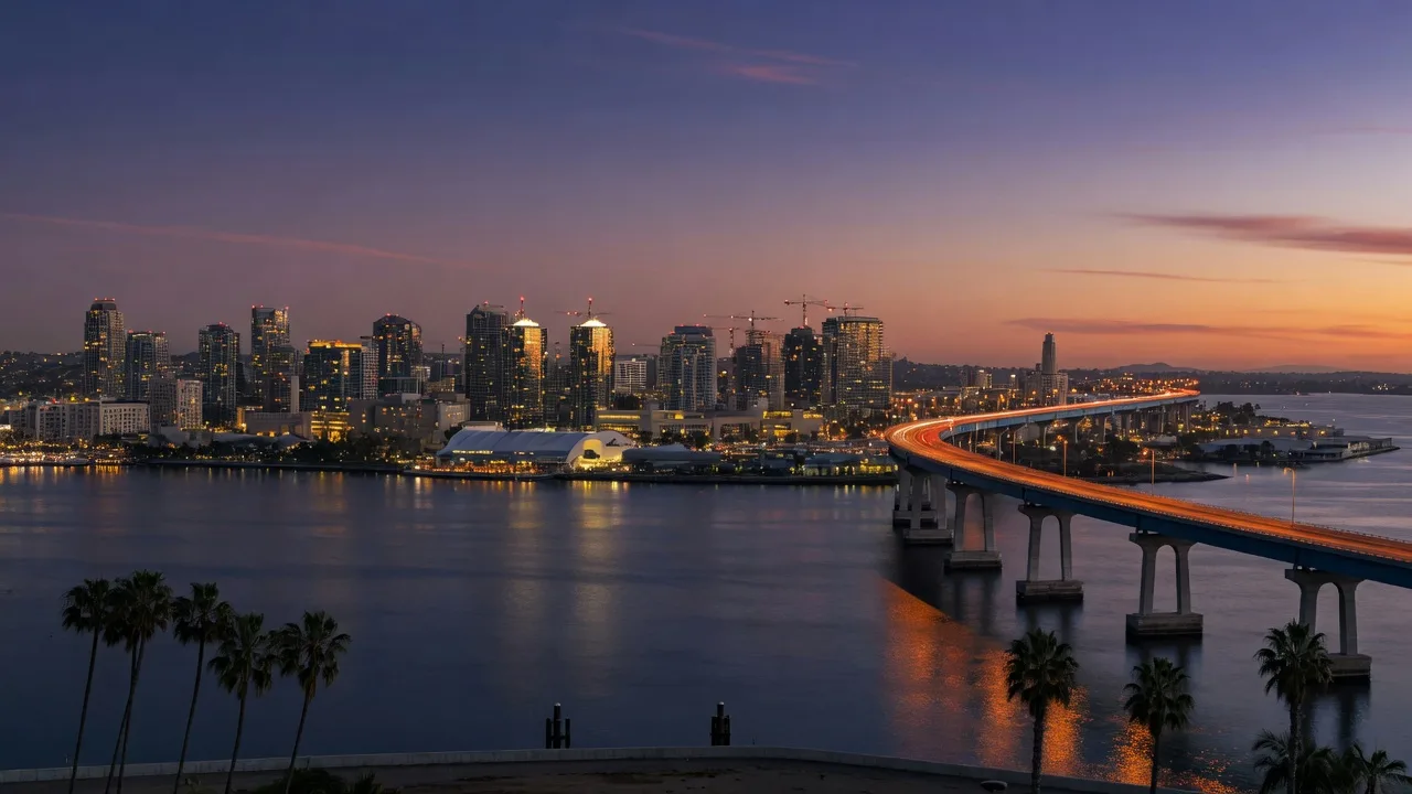 San Diego skyline at dusk across the bay, with the Coronado Bridge