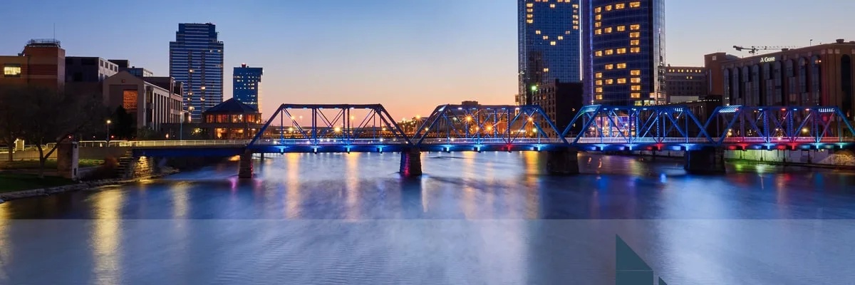 Downtown Grand Rapids skyline and the Blue Bridge at dusk